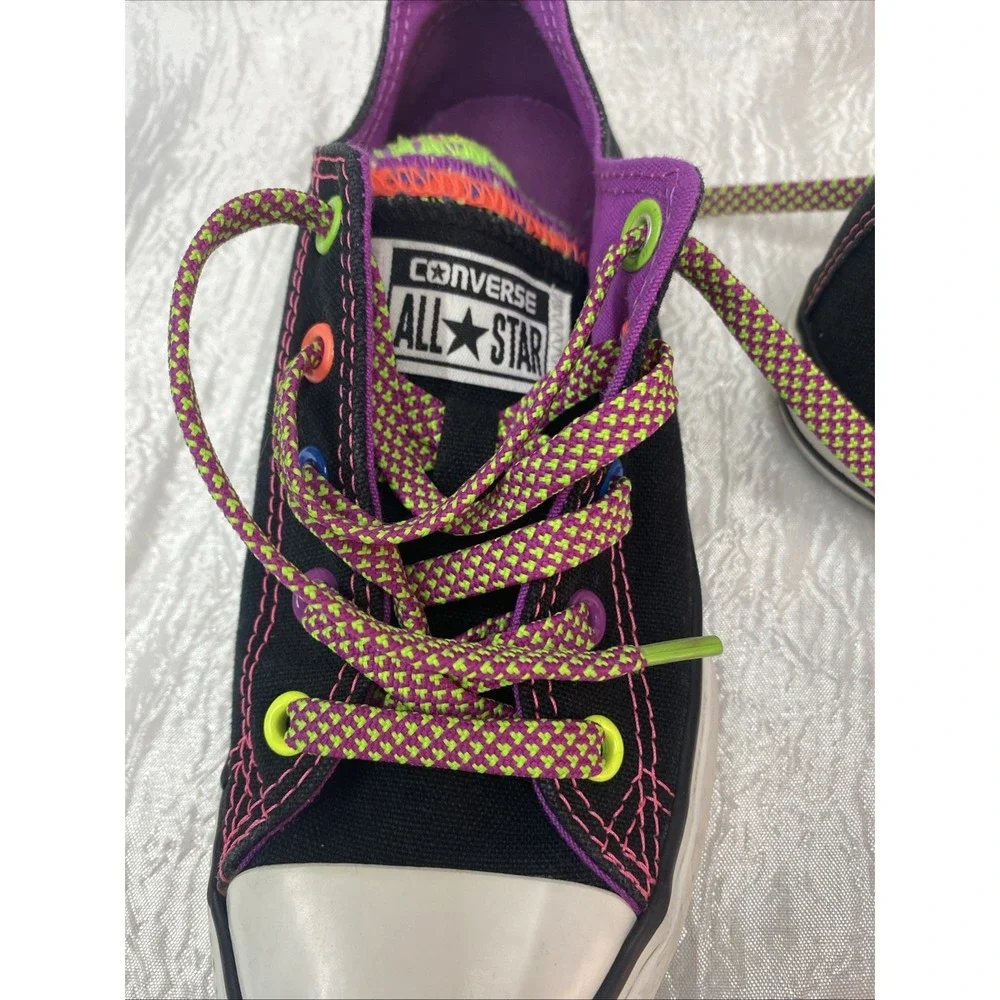 Converse All Star Neon Stitch Rainbow Tongue Black Canvas Sneaker Junior Size 1